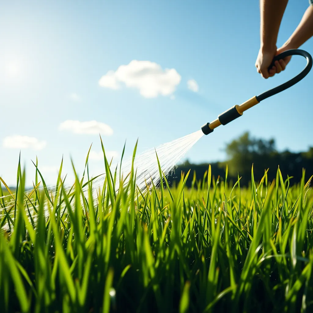 A sunny summer afternoon with a person watering a green and healthy lawn using a hose. The grass is tall and vibrant, and a few clouds float in a bright blue sky, illustrating the importance of careful maintenance and hydration.