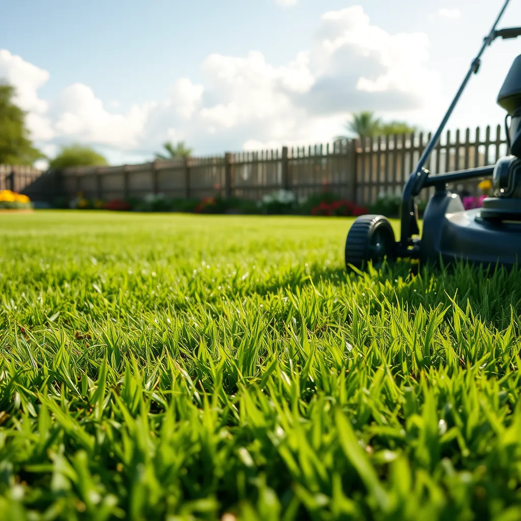 A vibrant green lawn being freshly mowed, the mower leaving a neat cut pattern. The scene is illuminated by soft diffused lighting, highlighting the dew on grass blades. A rich color palette of greens and earth tones creates a serene mood. The camera is angled low to capture the detail of the grass being cut, emphasizing the texture of the mower and the precision of the grass blades. Surrounding the area are colorful flower beds and a wooden fence in the background, adding depth and character to the scene. The sky is clear with fluffy white clouds, enhancing the beauty of the outdoor space. This image should be hyperrealistic and ultra-detailed at 8K resolution, capturing every blade of grass and subtle detail in the environment.