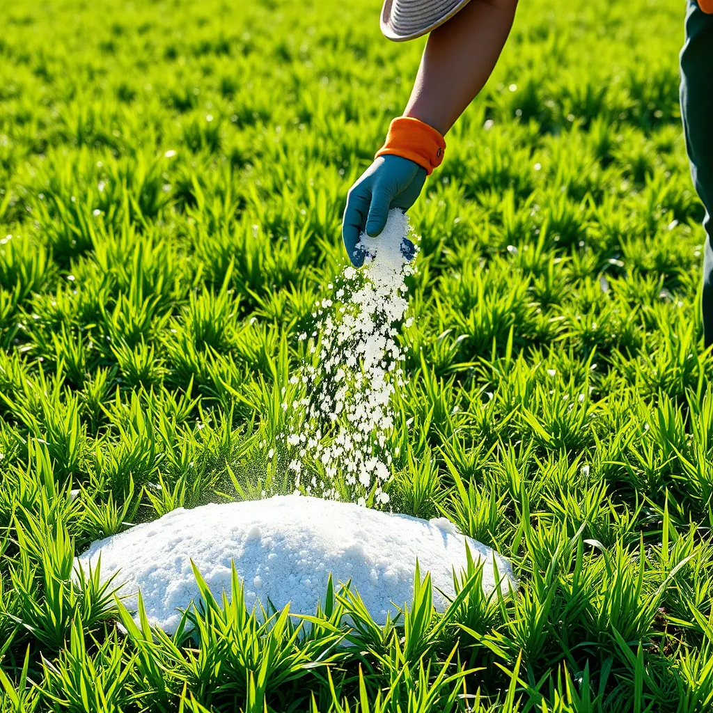 A vibrant green lawn being treated with granular fertilizer. The scene shows a landscape with lush grass, a gardener wearing gloves and a hat, spreading fertilizer evenly, and bright sunshine illuminating the environment.