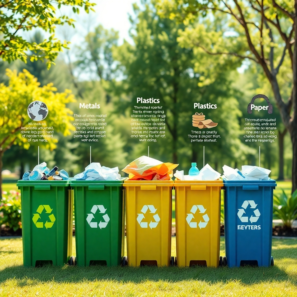 A vibrant infographic showcasing different recyclable materials such as metals, plastics, and paper, sorted neatly. Include recycling bins labeled with each material type in a bright, green park setting, emphasizing an eco-friendly atmosphere.