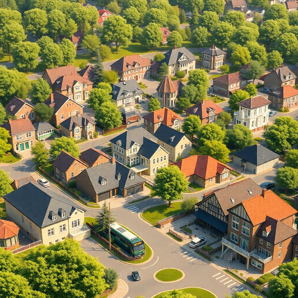 A vibrant neighborhood scene showcasing a diverse range of properties. Include a park, schools, shops, and public transport. Highlight various architectural styles while ensuring the landscape is inviting, suggesting livability and community.