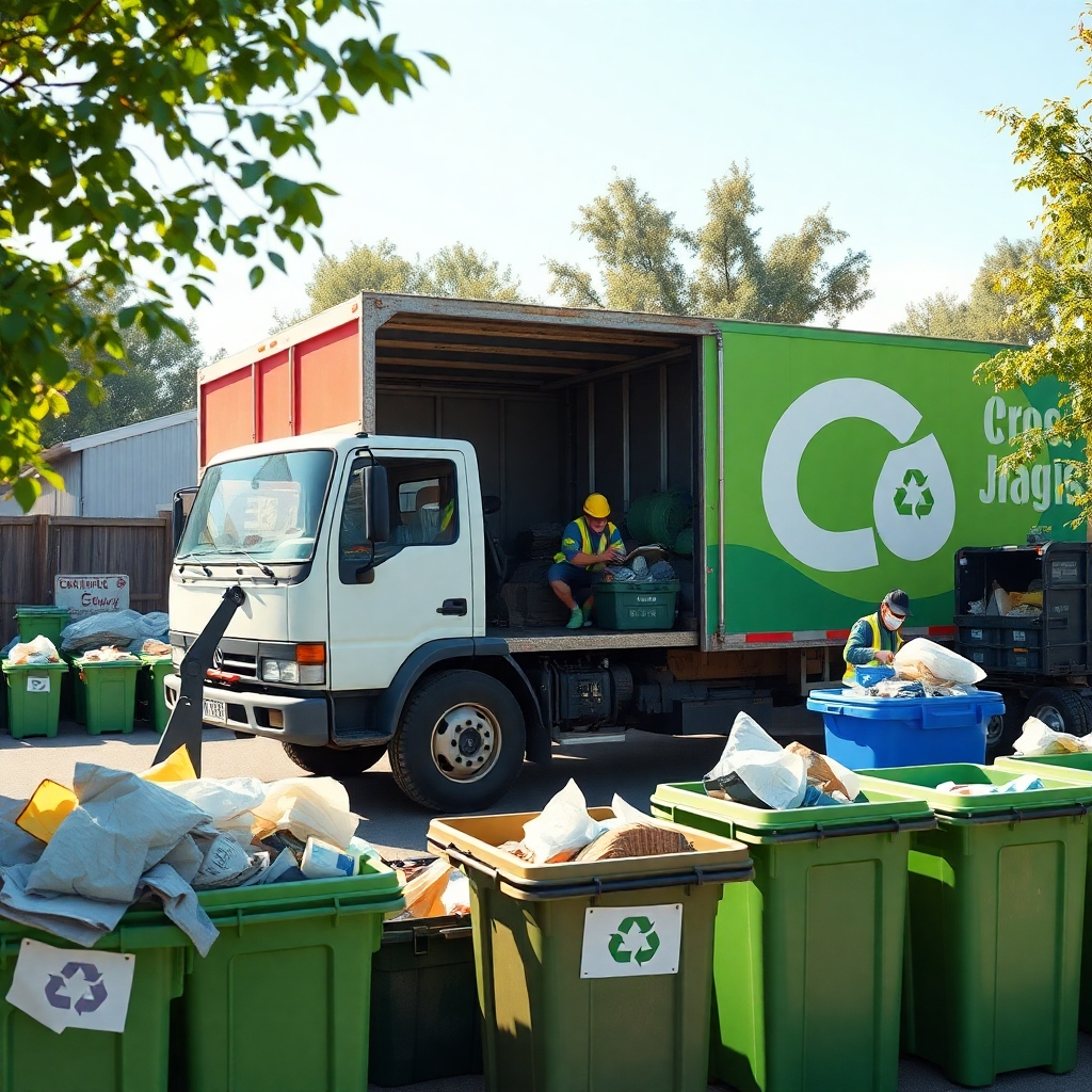 A vibrant scene depicting a junk removal truck outside an eco-friendly recycling center, with workers sorting out recyclable materials. The area is green and clean, with bins clearly labeled for recycling, and sunlight illuminating the efforts of sustainability.