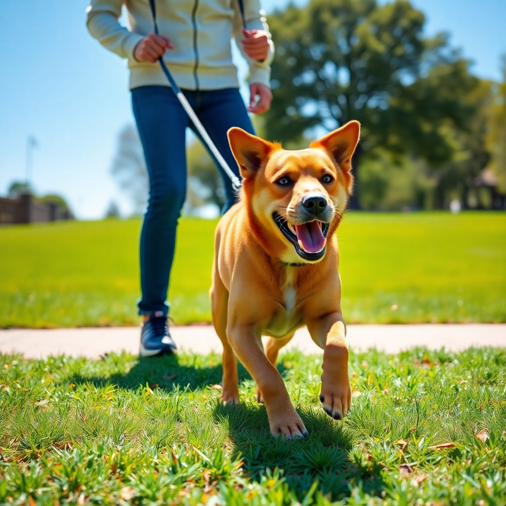 A vibrant scene in a park where a person is walking a happy, energetic dog. The dog is mid-stride, showcasing a shiny coat and an athletic build. The background features green grass, trees, and a sunny sky, illustrating a healthy outdoor environment.