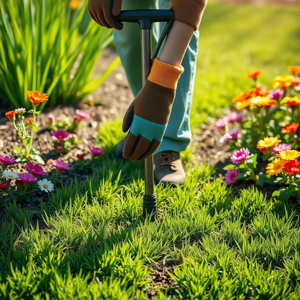 A vibrant spring scene of a lush green lawn being aerated, with a gardener wearing gloves and using an aerator tool. Colorful flowers blooming alongside, and bright sunlight illuminating the scene, capturing the essence of rejuvenation and growth.