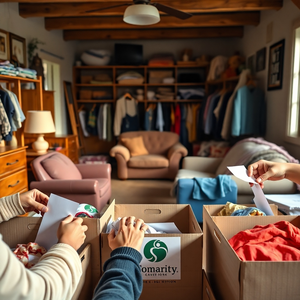 A warm, inviting scene showing a cozy room filled with gently used furniture and clothing, ready for donation. Highlight hands of diverse individuals placing items into donation boxes, with a charity logo visible, under soft, natural lighting.