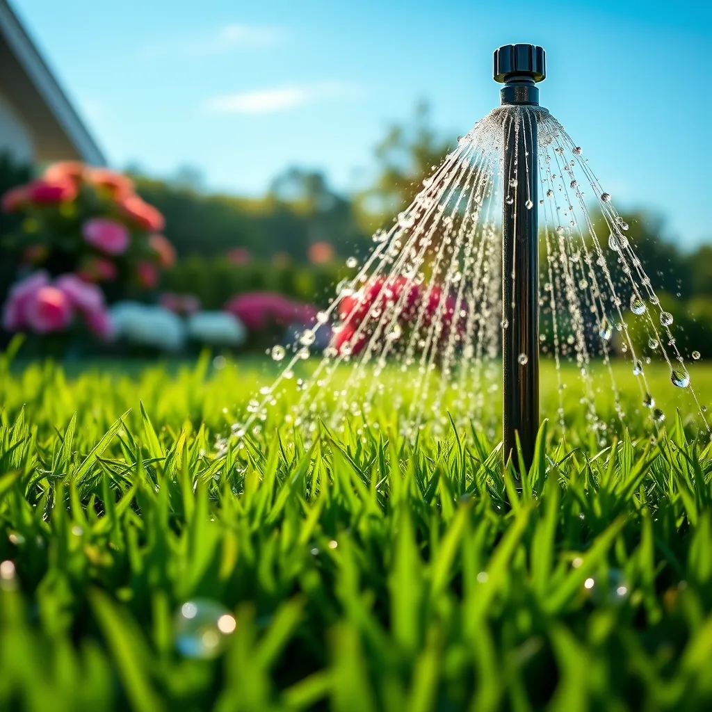 A well-maintained lawn being watered early in the morning. A sprinkler system disperses water evenly over lush grass, with droplets glistening in the sunlight. The background features blooming flowers and a clear blue sky.