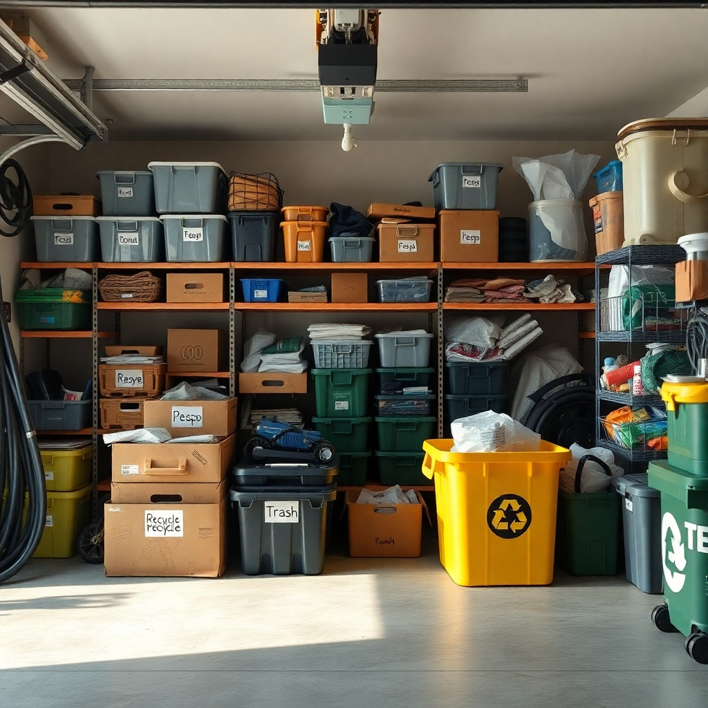 A well-organized garage filled with various categorized items, clearly labeled as 'Keep', 'Donate', 'Recycle', and 'Trash'. Bright, natural lighting showcasing neat organization with boxes and bins of different sizes, emphasizing clarity and efficiency.