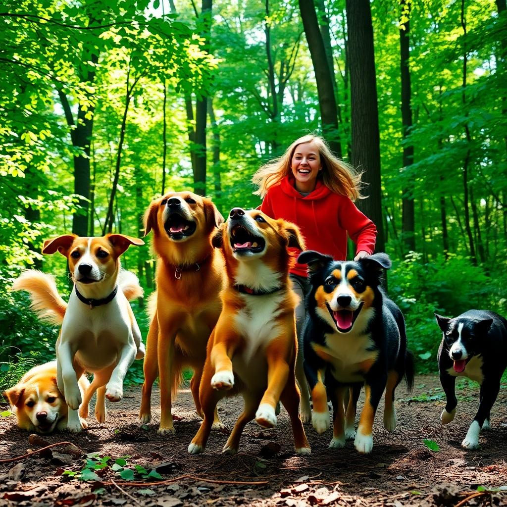 An action-packed scene in a forest where a group of dogs, including a beagle, golden retriever, and border collie playfully romp around a dog walker. The sunlight filters through the green leaves, creating dramatic side lighting that highlights the dogs' joyful expressions. The color palette features rich greens and browns, with the vibrant colors of the dogs’ coats standing out. The walker, a young woman in a red hoodie, is captured mid-laugh, with dogs bounding around her, looking lively and playful. The background is filled with lush foliage and tall trees, adding depth and a sense of adventure. Position the camera at a low angle to emphasize the dogs’ actions and energy, ensuring an ultra-detailed, photorealistic image with a focus on the textures of the dogs' fur and the rustic forest floor, presented in 8K resolution.