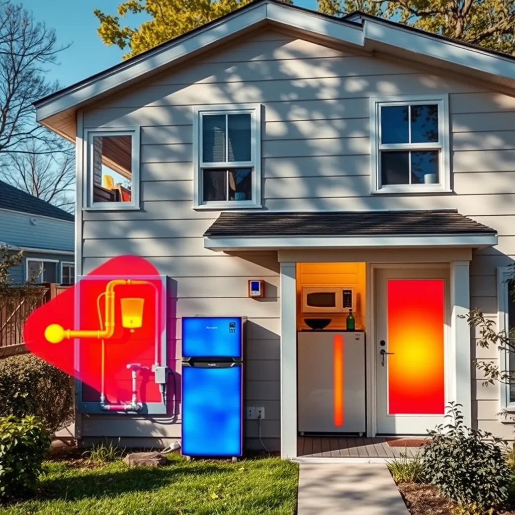 An energy-efficient home with a thermal imaging camera showcasing warm and cool areas around plumbing fixtures. The image includes indicators of proper insulation, energy-efficient appliances, and a visually appealing exterior. The sunlight casts soft shadows, emphasizing the home's comfort and efficiency.