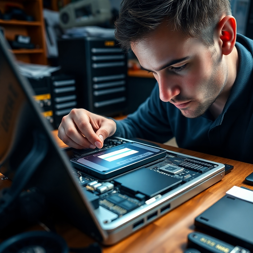 An engaging image showcasing a technician carefully installing a new SSD into a laptop. The laptop is semi-open on a workbench stuffed with high-performance computer parts, including RAM sticks and cooling fans. Dramatic side lighting emphasizes the technician's focused expression and the glimmer of the new SSD. The color palette blends metallic silvers with deep blues and warm wooden tones of the workbench, creating a tech-savvy and dynamic atmosphere. This scene is captured at eye-level, providing an intimate perspective of the complex repairs. Textures from the laptop’s aluminum casing and the intricate circuits of the hardware components offer depth and detail. The background shows toolkits and manuals, hinting at professional competence. Artistic style reminiscent of product photography in 8K resolution, emphasizing ultra-detailed elements.