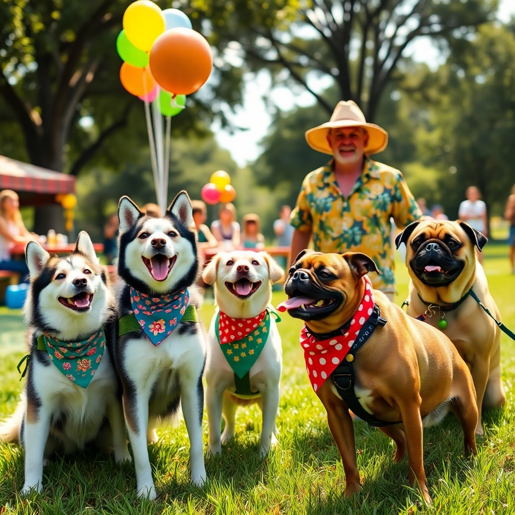 An engaging scene at a park on a sunny day, showcasing a festive dog walking service during a community event. A group of dogs, including a Siberian husky and a pug, are adorned with colorful bandanas and festive collars. The atmosphere is cheerful with balloons and picnic setups in the background. Soft diffused lighting highlights the dogs’ playful expressions and the lush green grass beneath them. The walker, a cheerful older man wearing a straw hat and a Hawaiian shirt, interacts with the dogs, tossing a frisbee. The composition includes excited children in the background enjoying the event, creating a sense of joy and community. Use a wide-angle lens perspective to capture the overall ambiance and festivities, aiming for a hyperrealistic feel with details in 8K resolution that celebrate the textures of dog fur and the vibrancy of the park environment.