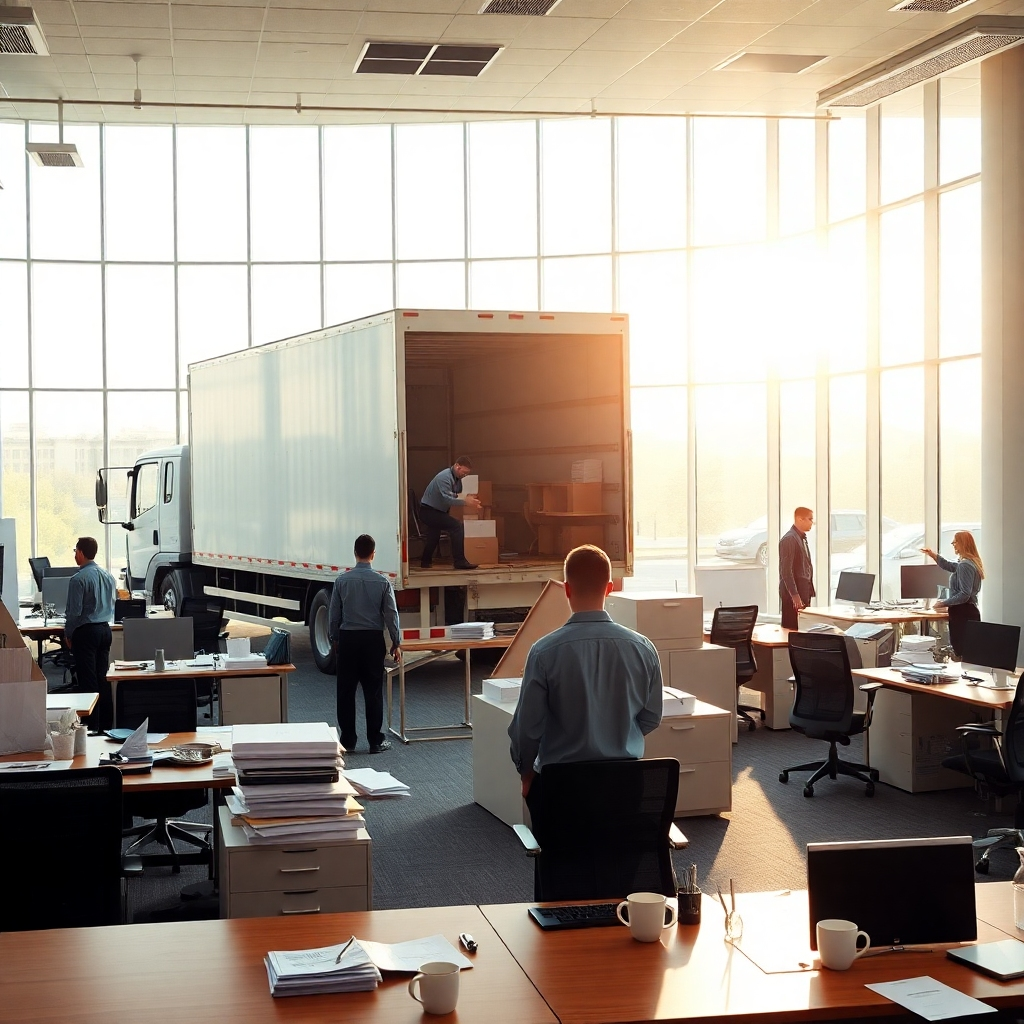 An expansive view of a commercial office space undergoing decluttering. A team of trained professionals, in smart uniforms, is busy sorting through old office furniture like desks and chairs, while others load the items into a large truck parked outside. Afternoon sunlight streams in through large office windows, casting an inviting glow across the room. The color scheme includes neutral office tones with pops of corporate branding. Captured from a slightly elevated angle, the scene emphasizes the efficiency of the team and the transformation of the workspace. Details like scattered paperwork and coffee cups on desks add realism. The image, in the style of interior design photography, should be produced in ultra-high resolution to reveal intricate textures and the overall cleanliness achieved.