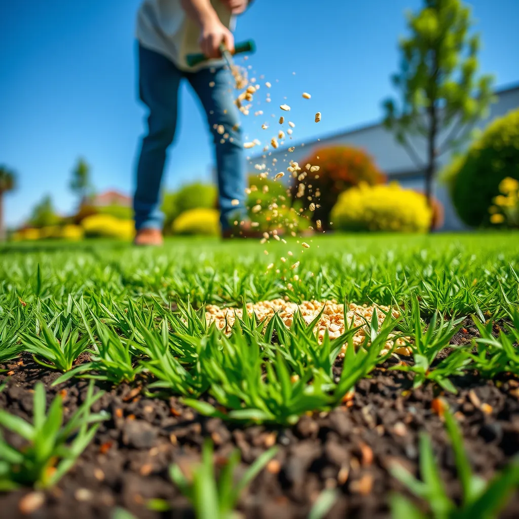 An expert applying fertilizer to a lush lawn, with a close-up on the granules scattering over the green grass. The scene is captured in bright, vibrant daylight that enhances the colors of the lawn, with shades of rich green contrasted by the deep brown of the soil. The camera angle is slightly above eye level, showcasing the lawn’s full expanse. In the background, there are healthy shrubs and decorative trees, suggesting an environment that thrives thanks to proper care. Textures of the grass and soil should be intricately detailed, with the feeling of freshness and vibrancy. The overall mood is one of nurture and growth, with a clear blue sky overhead. The image should have an ultra-detailed, photorealistic quality at 8K resolution, allowing viewers to appreciate the care put into maintaining a beautiful lawn.