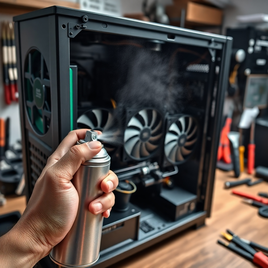 An image of a desktop computer opened up, revealing internal components with dust accumulation. A hand is holding a can of compressed air, ready to clean the fans. The background shows a well-organized workspace with tools.