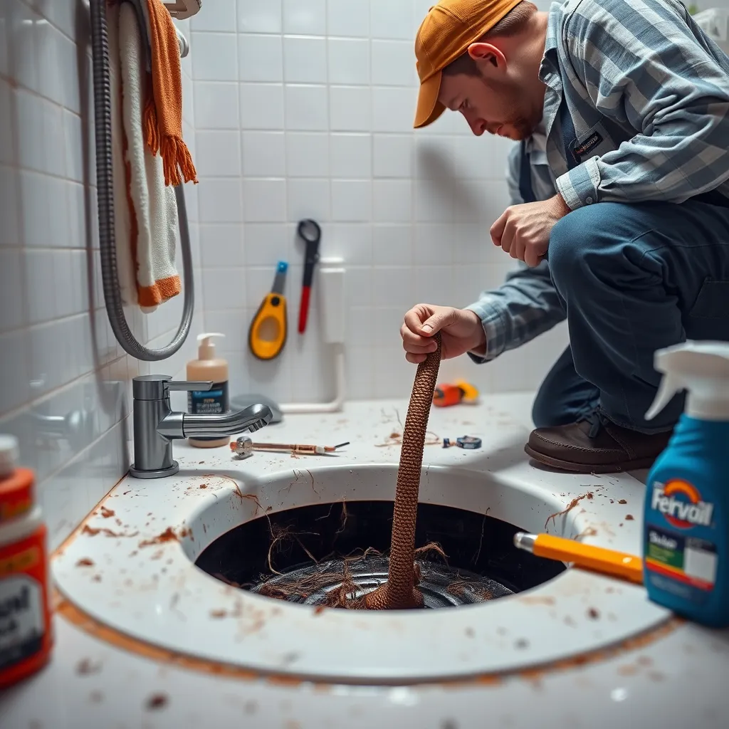 An image showing a clogged bathroom drain with hair and debris visible. A plumber is using a drain snake in a well-lit bathroom, surrounded by plumbing tools and products like drain cleaner, showcasing the remodeling ambiance.