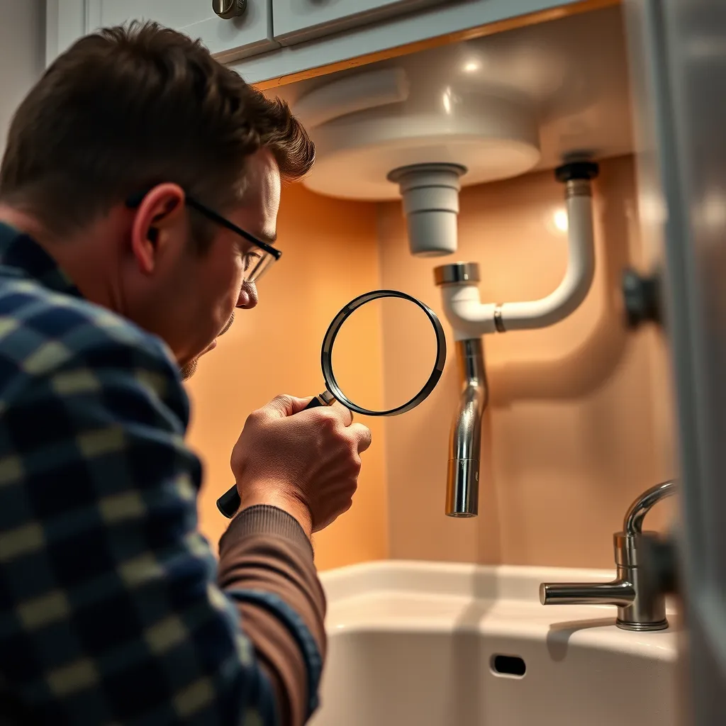  An image showing a homeowner inspecting under a sink, focusing on exposed pipes and a faucet. There should be visible signs of water damage on the cabinet, with a magnifying glass in hand, highlighting the importance of regular checks for leaks.