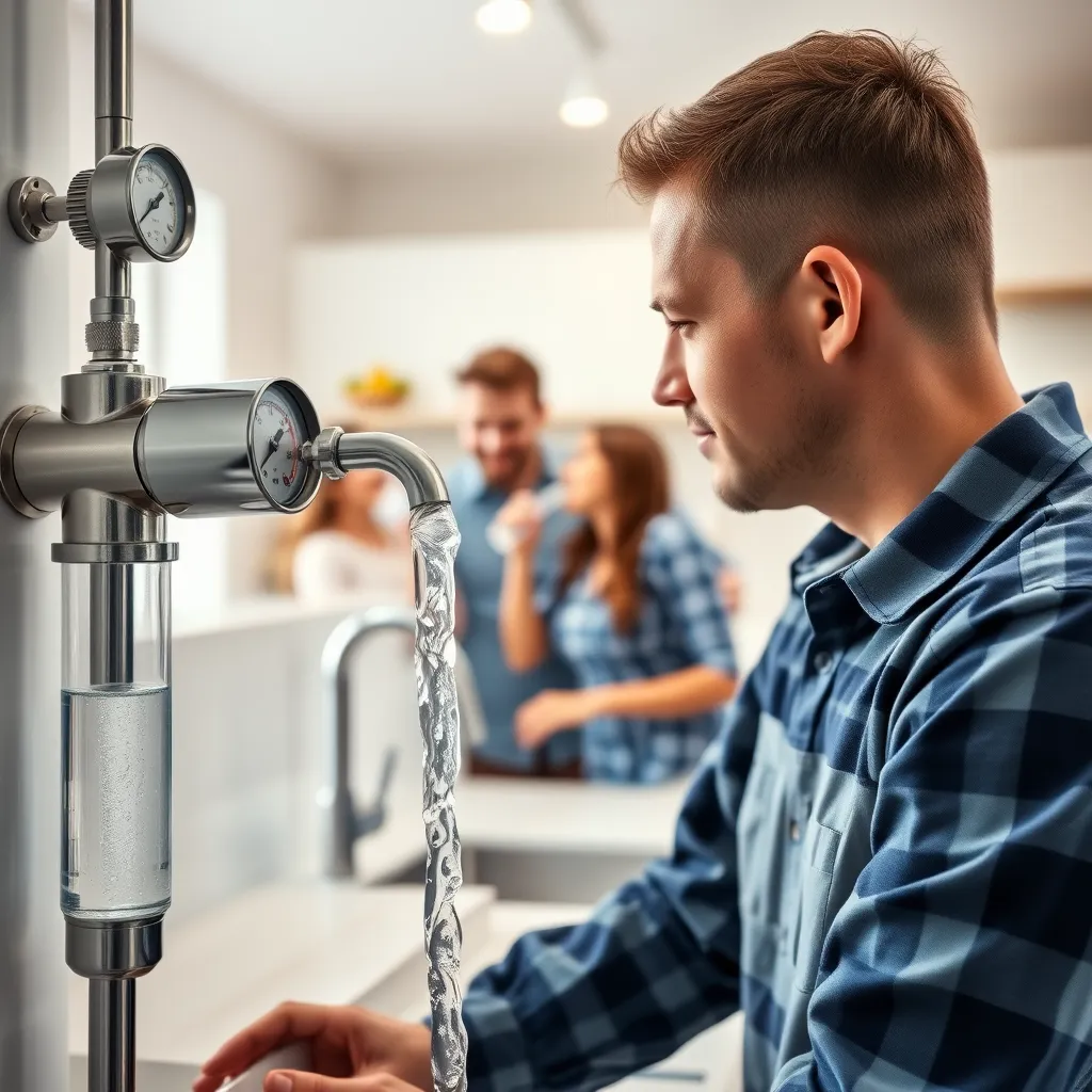 An indoor scene of a plumber checking a water filtration system, with gauges displaying crystal-clear water flow. In the background, a family is happily drinking water from a kitchen tap, reflecting the importance of clean water in daily life. The environment is bright and cheerful.