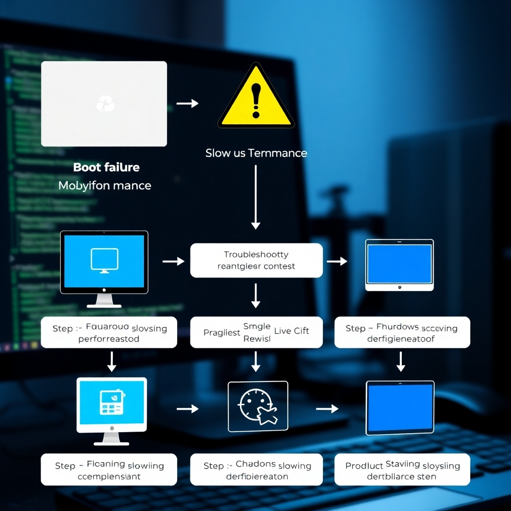An infographic showing common computer problems like boot failure, slow performance, and blue screens, along with flowchart-style troubleshooting steps, set against a background of a computer desktop with diagnostic tools visible.