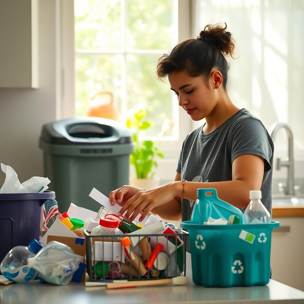 An inspiring scene showing a person sorting recyclable materials like paper, plastic, and metal in a bright, clean kitchen. The background has a recycling bin and a window with greenery outside, symbolizing eco-friendliness and community involvement.