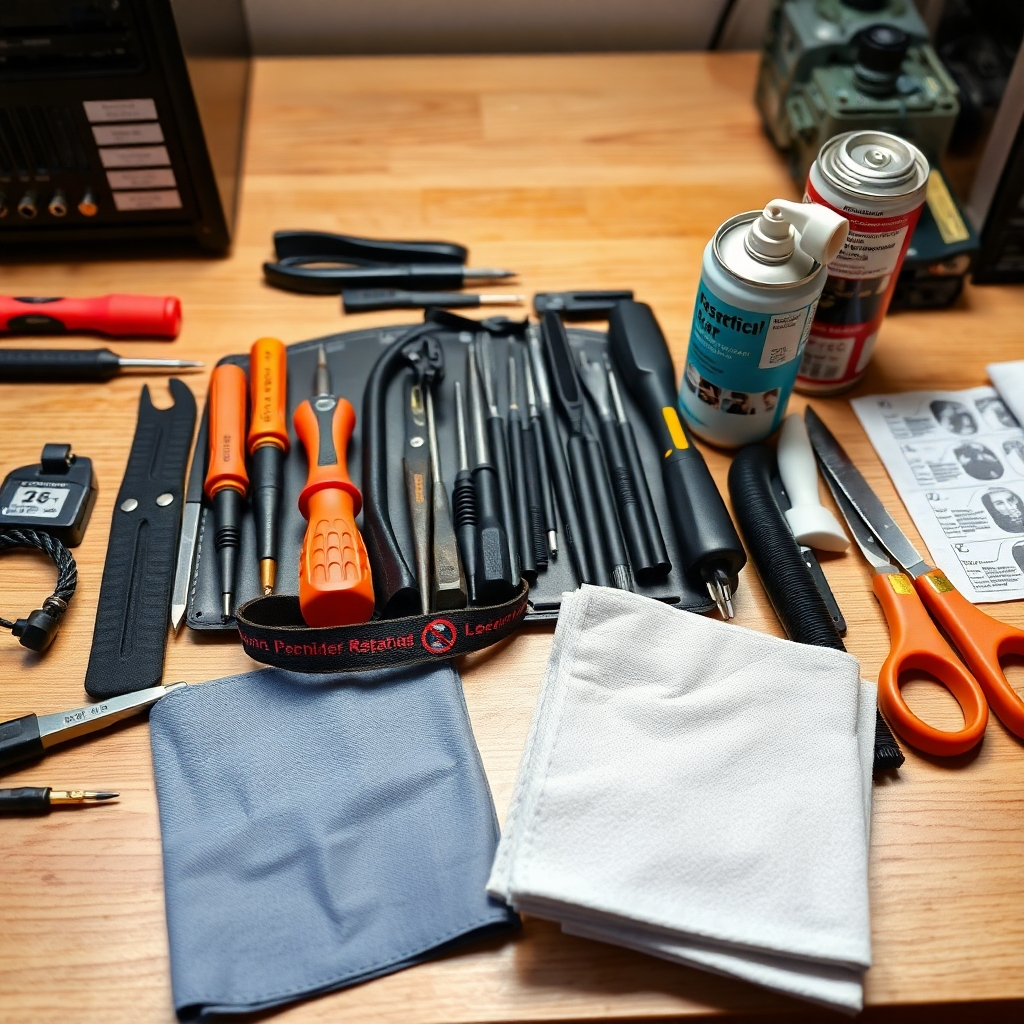 An organized tool kit displaying essential computer repair tools, including various screwdrivers, an anti-static wrist strap, a can of compressed air, and microfiber cloths, set on a clean, wooden workbench for easy access and visibility.
