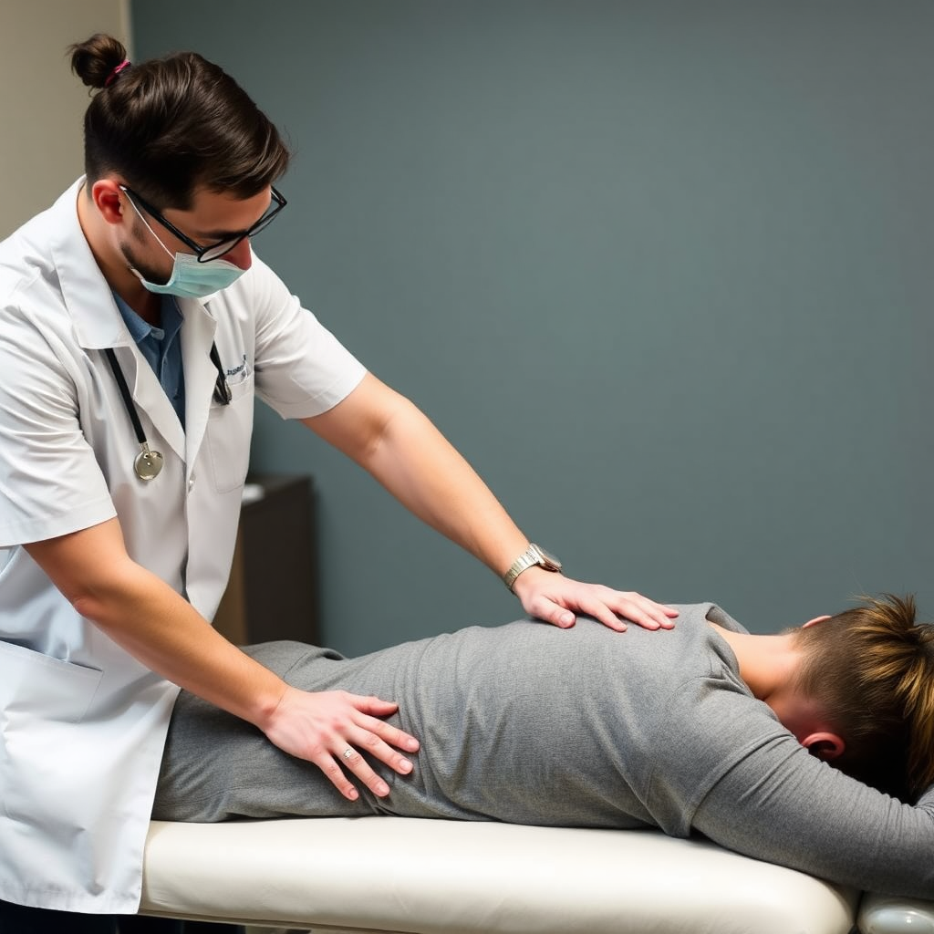 A chiropractor examining a patient in a clinical setting, using hands to assess spine alignment, with a posture assessment tool nearby. The atmosphere is professional, with a chiropractic table in the background and anatomical models displayed.