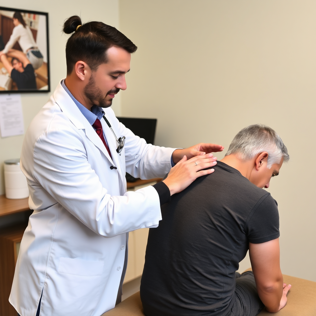 An action shot of an athlete undergoing chiropractic treatment post-workout. The chiropractor is using a specialized tool for spinal adjustments while the athlete looks focused and invigorated, with gym equipment and a bright environment in the background.