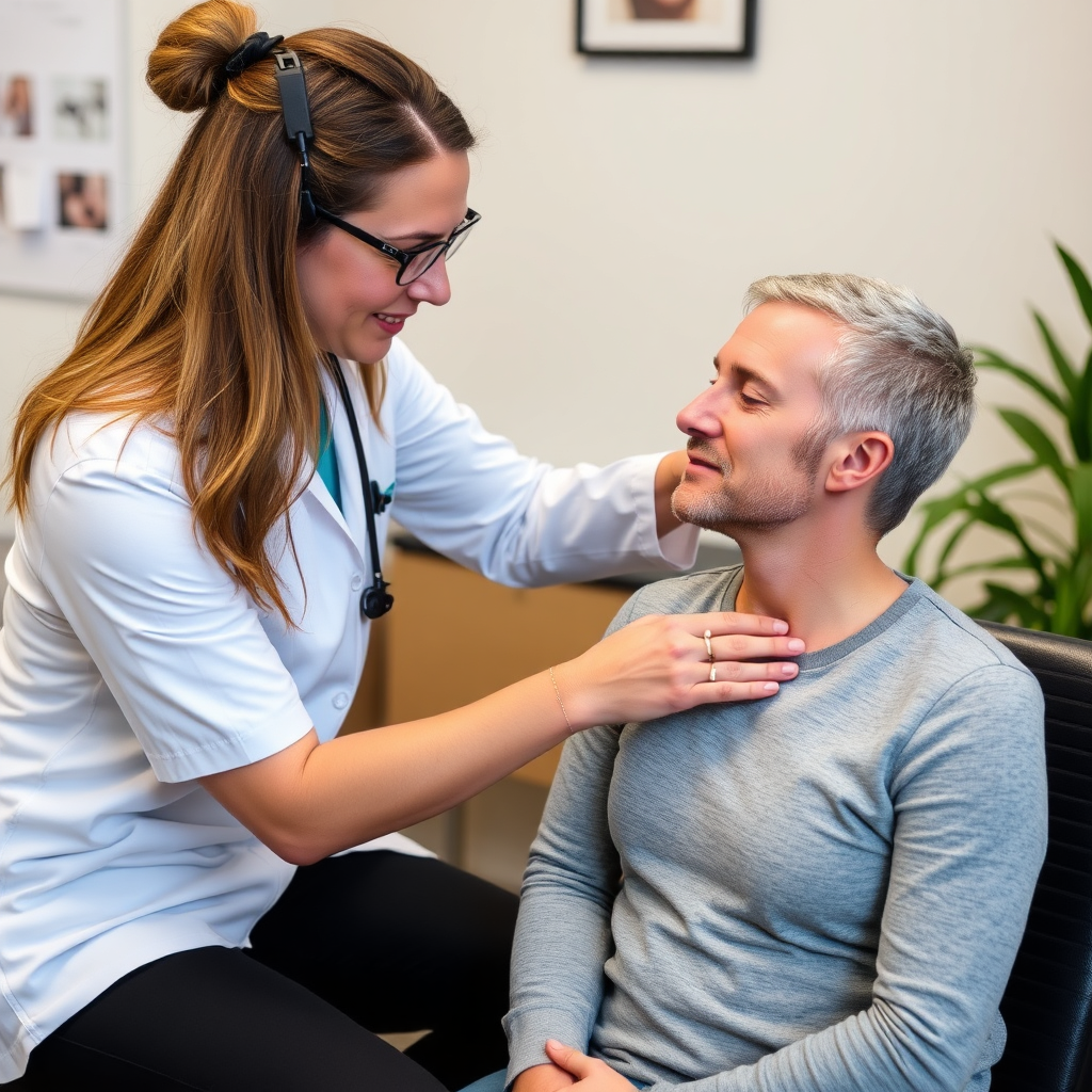 A professional chiropractor sitting across from a patient in an office, with a clipboard in hand, discussing medical history. The room is warm and inviting, featuring chiropractic posters on the wall, a comfortable chair, and natural light coming through a window.