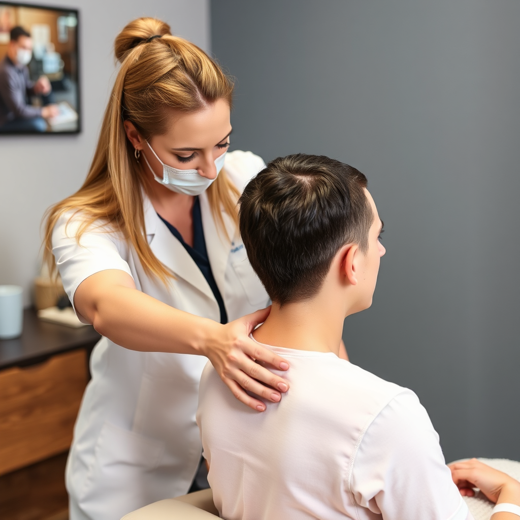 A photorealistic image of a chiropractor adjusting a patient in a serene clinic environment. The patient, a young adult, is sitting straight, looking relaxed. The chiropractor is focused and professional, using hands-on techniques. Soft natural light floods the room, highlighting an anatomical spine model in the background.
