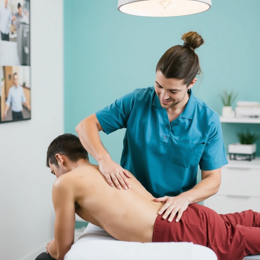A serene chiropractic clinic setting with a chiropractor treating a patient on a chiropractic table. The chiropractor is gently adjusting the patient's spine, surrounded by calming colors and health-related decor. The patient looks relaxed and in comfort.