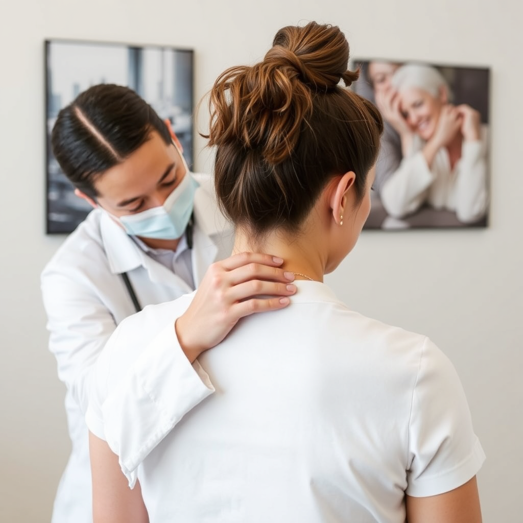 Create a photorealistic image of a chiropractor performing a spinal alignment adjustment on a patient in a well-lit clinic. The chiropractor, a middle-aged Hispanic man, is shown with focused determination, using his hands while the patient, a Caucasian woman in her 30s, lies comfortably on an adjustment table. Soft diffused lighting enhances the warm, inviting atmosphere of the clinic. The walls are adorned with anatomical posters and a plush waiting area is visible in the background. The color palette is soothing with blues and earth tones, conveying a sense of calmness. Use an eye-level perspective to create intimacy, showcasing detailed textures of the chiropractic table and the patient's clothing. The image should be ultra-detailed, in 8K resolution, capturing fine details like the chiropractor's focused expression and the patient's relaxed demeanor, stylized in the manner of a professional health magazine.