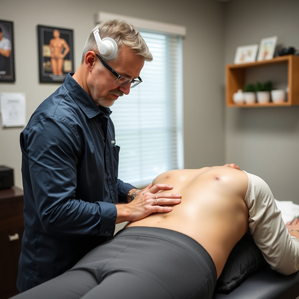 Generate a serene, high-resolution image depicting a chiropractic massage session in a tranquil room. A young African American female massage therapist is skillfully applying pressure to the back of an Asian male client lounging on a massage table. The room is softly lit with warm candlelight that casts a gentle, flickering glow, enhancing a peaceful mood. The walls are painted in calming green tones, adorned with potted plants and framed relaxation artwork. The camera angle is a slightly elevated perspective, capturing both the therapist's dexterous hands and the content expression of the client. The texture of the soft, plush massage table covers contrasts beautifully with the smooth skin of the client. Aim for hyperrealistic detail, focusing on the therapist's concentration and the soothing ambiance of the room, created in 8K resolution with an emphasis on comfort and warmth.