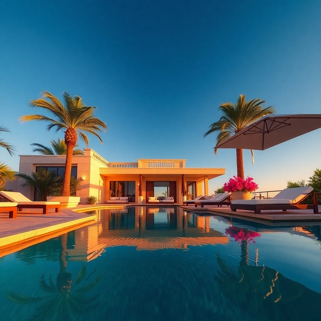 Compose an image of a luxurious outdoor pool area at a high-end villa. The scene should be bathed in golden hour light, creating a warm and inviting atmosphere. Utilize a rich color palette featuring deep blues and greens of the pool, contrasting with the cream and beige tones of the villa’s exterior. The angle should be from a low perspective, allowing the reflection of palm trees on the water's surface to be visible. Include high-quality furnishings such as plush sun loungers and an elegant umbrella providing shade. Add decorative elements like vibrant flowers in pots and ambient outdoor lighting fixtures to enhance luxury. Capture the feel of a serene oasis, with gentle ripples on the water and a clear blue sky in the background. The style should resonate with tropical luxury, ensuring every detail is hyperrealistic and rendered in 8K resolution, showcasing textures of the materials used in the villa.