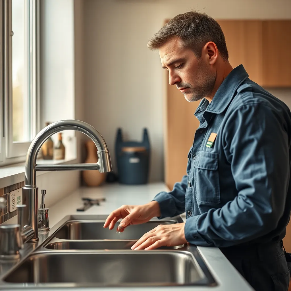 Create a photorealistic and ultra-high quality header image showcasing a professional plumber at work. The subject should be a focused, middle-aged technician in a clean uniform, carefully inspecting a high-end, stainless steel sink in a modern kitchen. The composition should have the plumber slightly off-center, allowing the viewer to appreciate the sleek design of the kitchen and the quality of the plumbing fixtures. Use soft, natural lighting that streams in from a nearby window, casting gentle shadows that create depth. Opt for a warm color palette with earthy tones and hints of blue to evoke a calm, reliable atmosphere. Position the camera at eye level, providing a direct and engaging perspective. Highlight textural elements like the smooth steel, the intricate details of the sink, and the subtle grain of wooden cabinetry. Incorporate soft-focus backgrounds of neatly arranged plumbing tools and accessories. Aim for a hyperrealistic style, targeting 8K resolution for crisp detail, emphasizing professionalism and quality in plumbing service., ultra high resolution, photorealistic, 8K, hyperdetailed, cinematic lighting