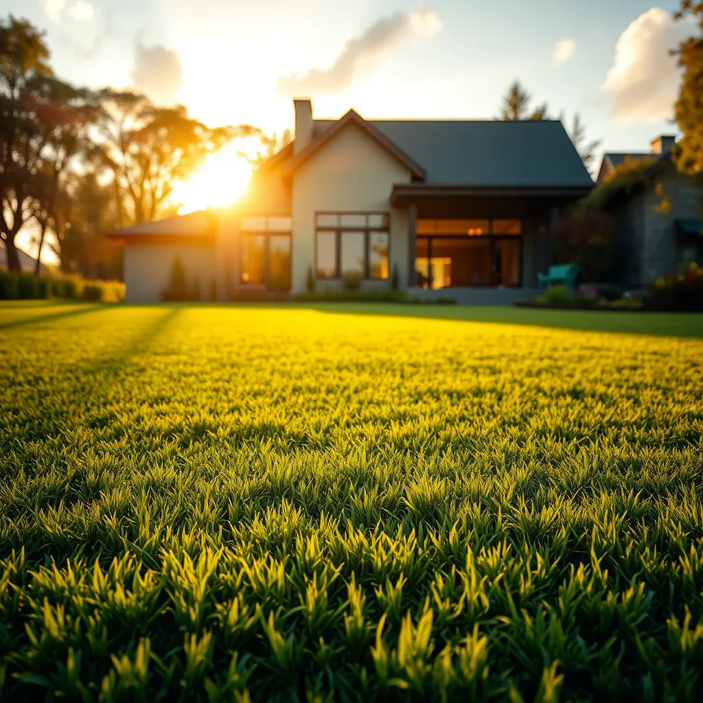 Create a photorealistic header image showcasing a vibrant, well-manicured lawn at sunset. The composition should feature a lush green lawn with perfectly trimmed grass, leading up to a modern home in the background. Soft golden sunlight filters through light clouds, casting warm highlights and gentle shadows across the lawn. Use a color palette that emphasizes rich greens and warm golds, creating an inviting and serene mood. Capture the scene from a low angle, providing an expansive view that emphasizes the depth of the lawn and the inviting facade of the home. The textures should be sharp and detailed, highlighting individual blades of grass, smooth pathways, and the natural materials of the house. Add subtle environmental elements like flowering shrubs or a small decorative garden bench to enhance the outdoor feel. Background elements should include trees softly blurred to maintain focus on the lawn. Style references can draw inspiration from high-end real estate photography. Ensure the image is in 8K resolution, hyperrealistic quality, with meticulous detail to render it truly captivating., ultra high resolution, photorealistic, 8K, hyperdetailed, cinematic lighting