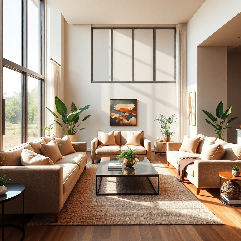 Create a photorealistic image showcasing a beautifully staged living room in a modern home. The composition should feature large windows with soft diffused lighting pouring in. Use a warm color palette to evoke a cozy atmosphere, highlighting earthy tones like beige, soft browns, and gentle greens. The camera angle should be from a slightly elevated perspective, capturing both the spacious layout and details of luxury furnishings. Include plush sofas adorned with elegant throw pillows, a sleek coffee table, and tasteful artwork on the walls. Incorporate indoor plants for a touch of nature, and add sunlight streaming through the windows to enhance the inviting mood. The texture of the wooden flooring should be visible, emphasizing warmth. Style references should evoke a contemporary chic feel, reminiscent of high-end interior design magazines. Aim for 8K resolution and hyperrealistic quality to highlight every detail.