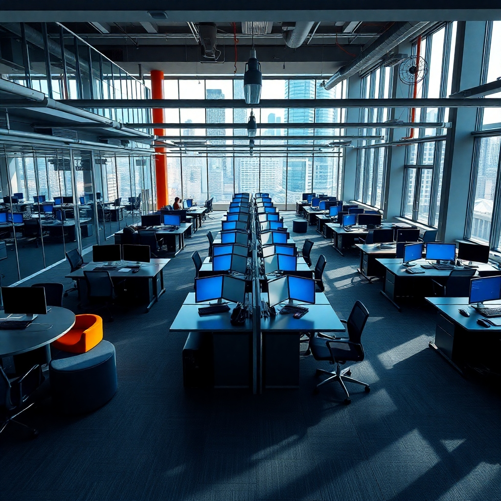 Generate an ultra-high quality image of a bustling urban office space with an open floor plan. The composition should be dynamic, featuring multiple workstations with sleek desks and modern technology. Use dramatic side lighting to create shadows that add depth and interest, emphasizing the contemporary design elements. The color palette should include cool grayscale tones with accents of vibrant colors like blue and orange to convey a professional yet inviting atmosphere. The camera angle should be at eye level, providing a clear view of the workspace and its functionality. Incorporate details such as glass partitions, stylish office furniture, and collaborative areas with comfortable seating. Background elements should include a city skyline visible through large windows, providing context and scale. In the style of architectural photography, ensure the image is rendered in 8K resolution, capturing the finest materials and textures bespoke to modern office spaces.