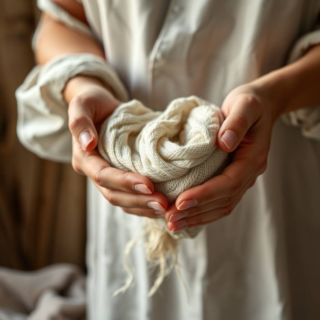 Woman holding natural linen fabric