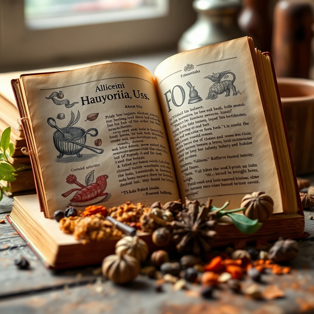 Create a 4K resolution image for the 'About Us' section of Flavororisha. The image should feature an open book with culinary-themed illustrations and text in English, with spices and ingredients artfully arranged around it. The book should appear old and well-loved. Soft, natural lighting should highlight the textures of the paper, spices, and ingredients. The composition should evoke a sense of warmth, comfort, and discovery. The background should be blurred, suggesting a cozy kitchen or library. The style should be a blend of rustic and academic, reflecting the fusion of food and language. Focus on photorealistic details, making the image inviting and intriguing.