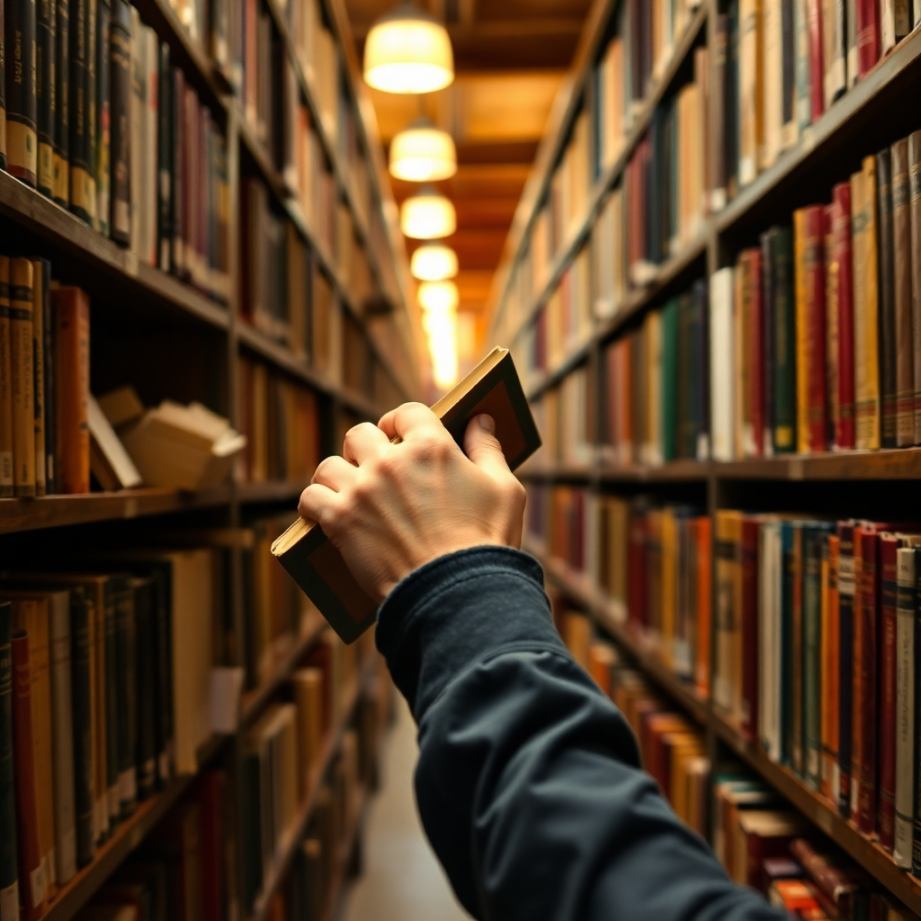 A librarian carefully selecting a book from a shelf filled with countless volumes. The focus is on the librarian's hand as they gently pull the book out. The library is filled with warm, inviting light, and the shelves are overflowing with knowledge. The style is classic and timeless, evoking a sense of wisdom and expertise.