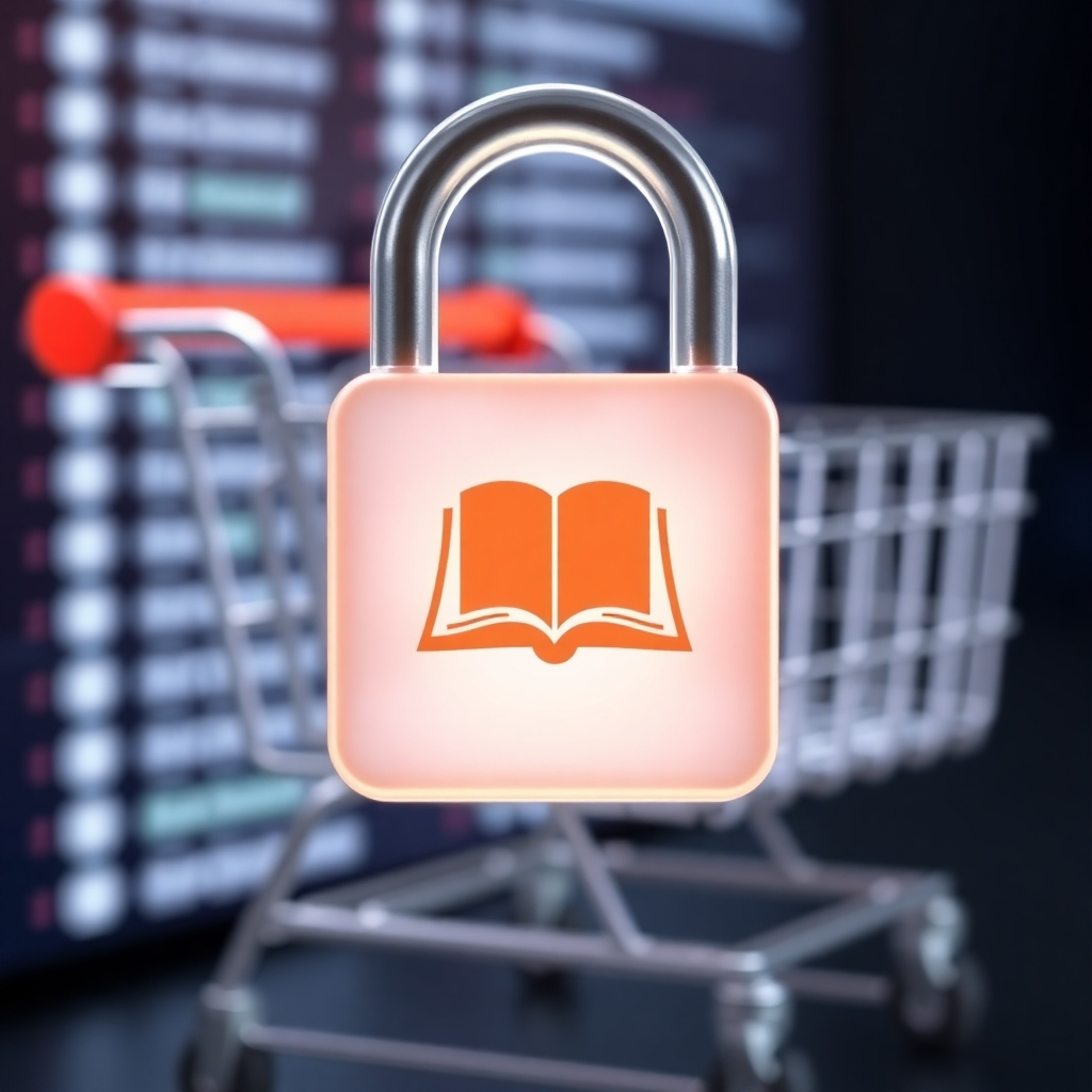 A padlock with a book symbol embedded in its center, representing the security of online transactions. The padlock is glowing softly, and the background is a blurred image of an online shopping cart. The style is clean and modern, emphasizing trust and reliability.