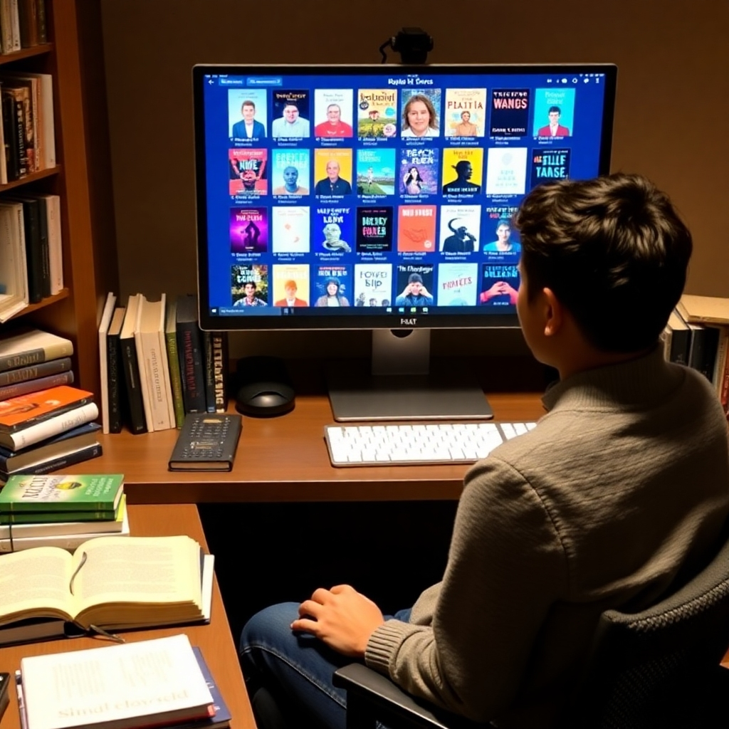 A person sitting at a desk, surrounded by books and a computer screen displaying personalized book recommendations. The screen is filled with colorful book covers, each tailored to the person's interests. The atmosphere is warm and inviting, and the person appears to be engaged and excited about the possibilities. The style is modern and tech-savvy.