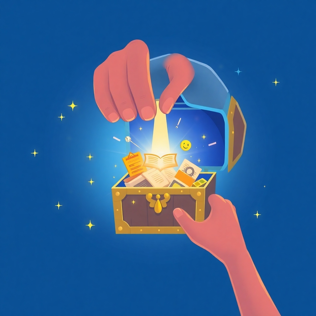 A stylized image of a person unlocking a treasure chest that is inside their mind. The treasure chest contains symbols of knowledge, creativity, and inner peace. Soft, glowing light emanates from within the chest. The color palette is predominantly blues and golds, conveying a sense of discovery and inner wealth. This should be a digital illustration with clean lines and a modern aesthetic.