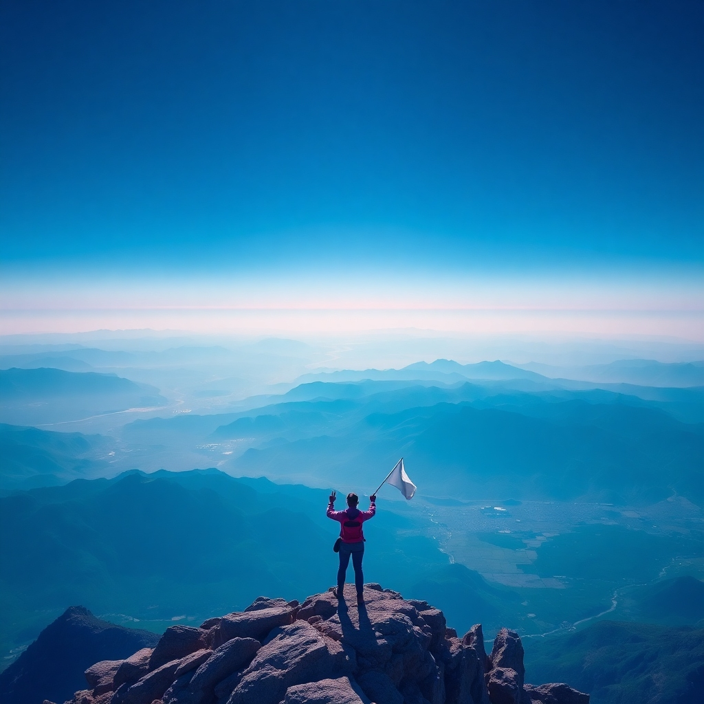 Depict a person standing at the summit of a mountain, overlooking a vast and beautiful landscape. The person is holding a flag symbolizing success and achievement. The color palette is predominantly blues and purples, conveying a sense of accomplishment and peace. This should be a photorealistic image with stunning detail.