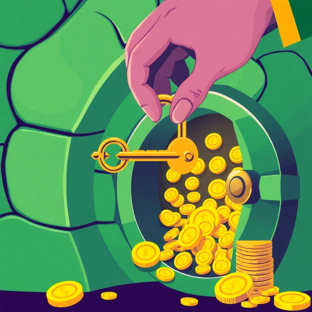 Imagine a person holding a key that unlocks a vault filled with gold coins and treasures. The key represents financial knowledge and the vault symbolizes financial security. The color palette is predominantly golds and greens, conveying a sense of wealth and prosperity. This should be a stylized and visually appealing illustration.