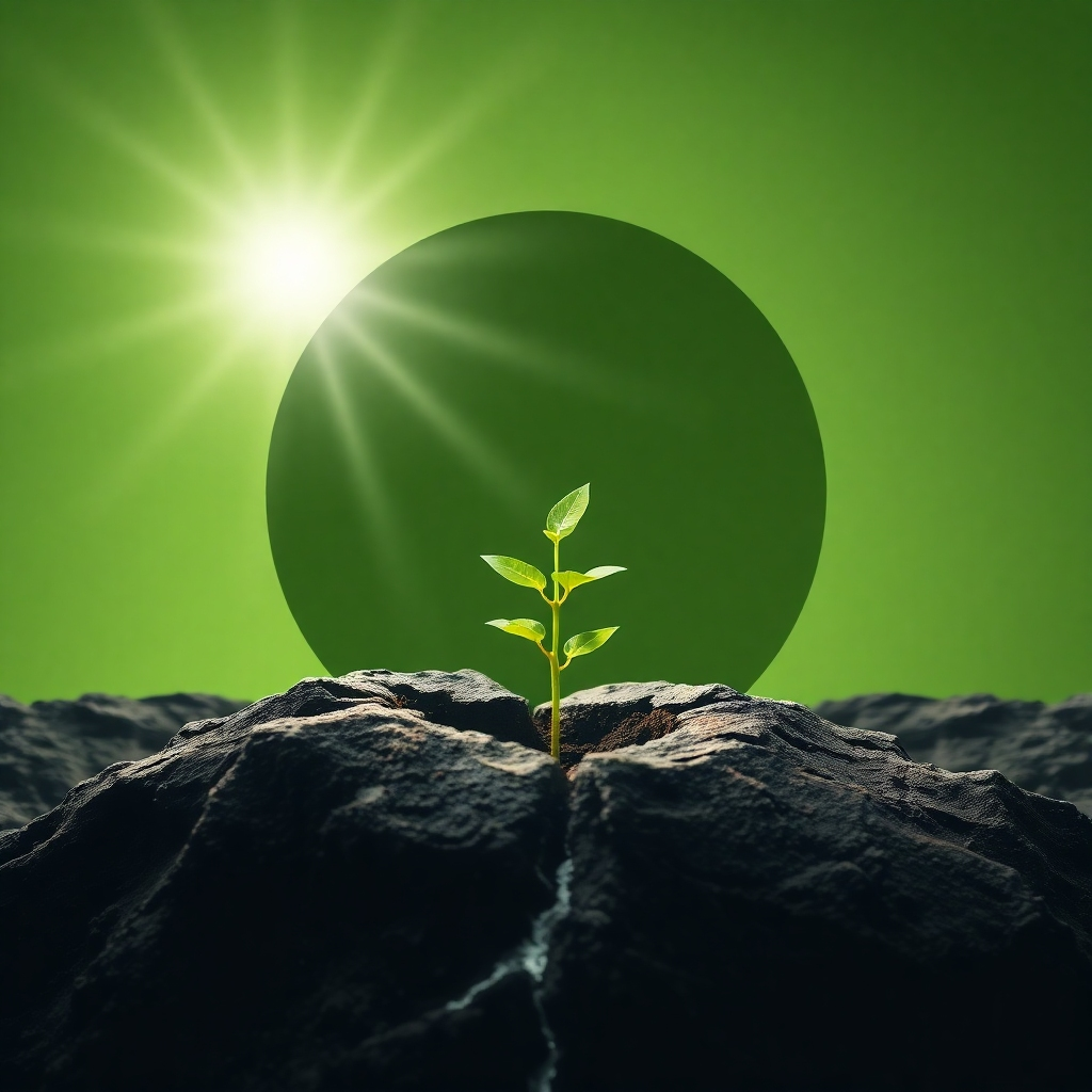 Imagine a seedling sprouting from a crack in a rock, reaching towards the sunlight. The seedling symbolizes resilience and the power of growth. The background is a stark, minimalist landscape. The color palette is predominantly greens and browns, with a bright ray of sunlight illuminating the seedling. This should be a powerful and symbolic image.