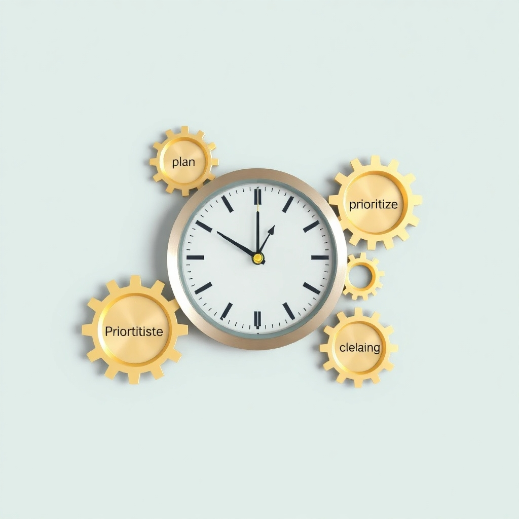 Visualize a clock with gears smoothly turning, representing efficient time management. Each gear is labeled with a key productivity skill, such as planning, prioritizing, and delegating. The color palette is predominantly golds and silvers, conveying a sense of precision and efficiency. This should be a clean and modern design.