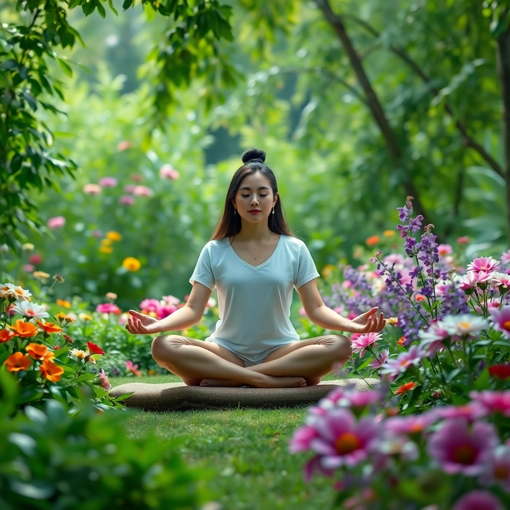 Visualize a person meditating in a peaceful garden, surrounded by lush greenery and vibrant flowers. The person is radiating a sense of calm and serenity. The color palette is predominantly greens and purples, conveying a sense of peace and tranquility. This should be a photorealistic image with soft, natural lighting.