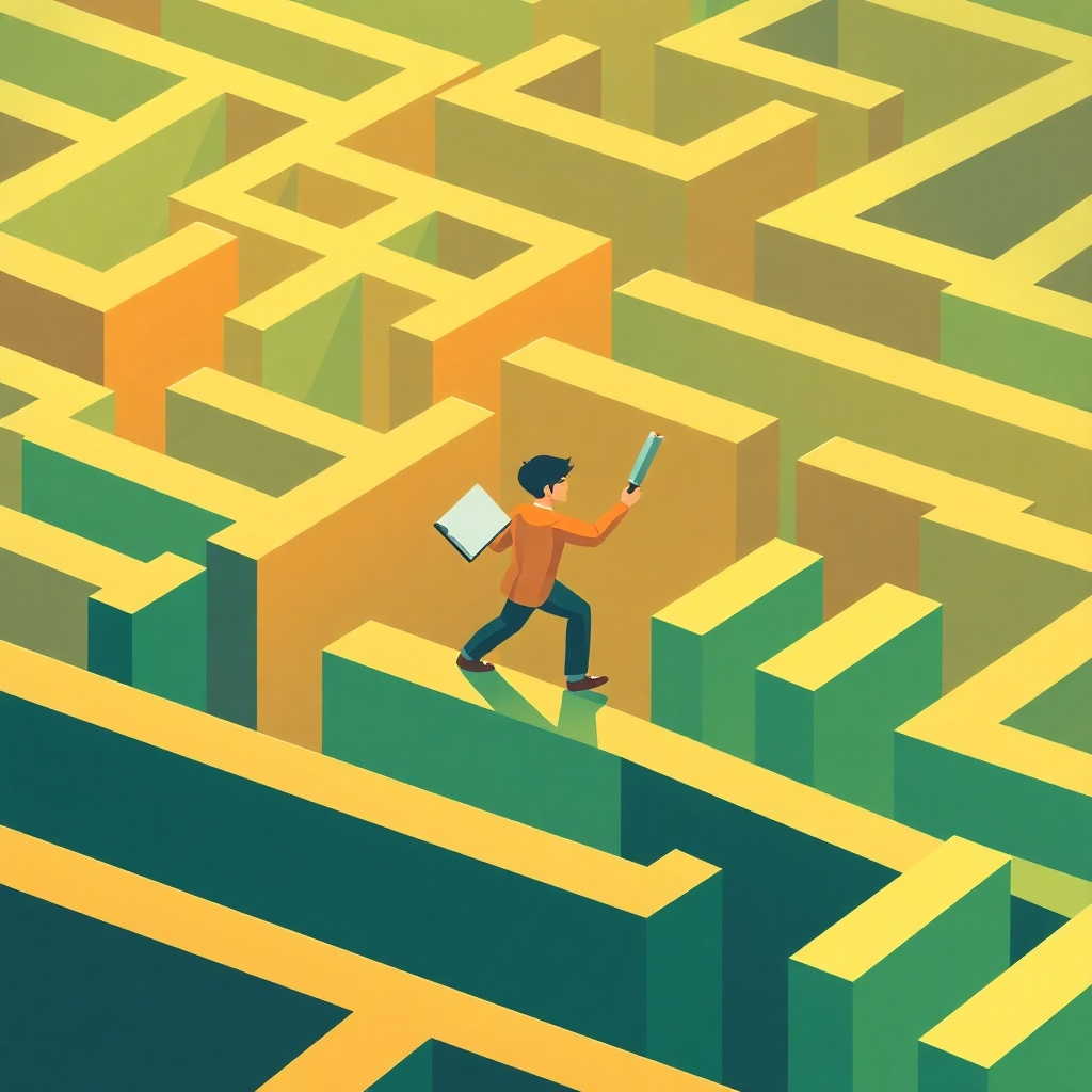 Visualize a person skillfully navigating a complex maze. The maze represents the challenges of personal growth, and the person is using tools of knowledge and strategy to find their way. The color palette is a mix of vibrant greens and oranges, symbolizing energy and progress. This should be a dynamic and engaging illustration.
