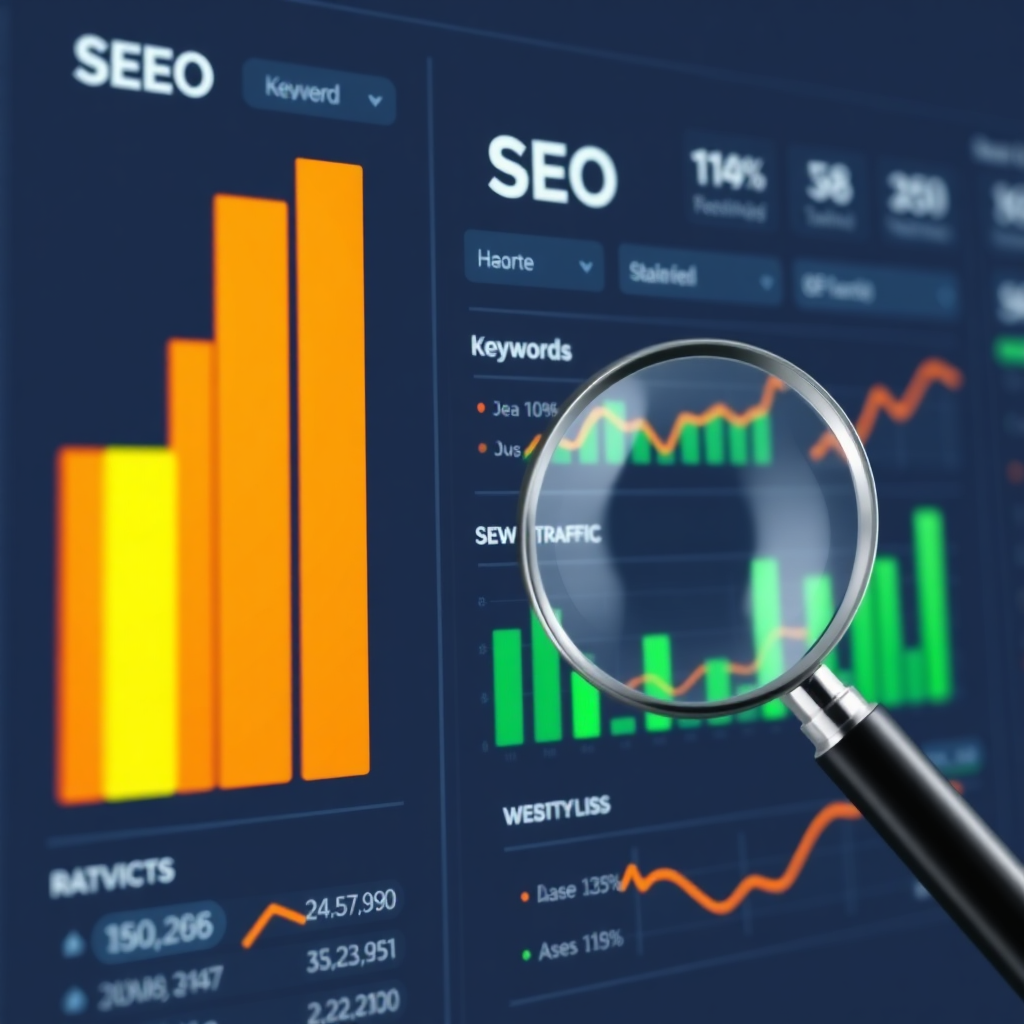 SEO strategy dashboard showing rankings and traffic