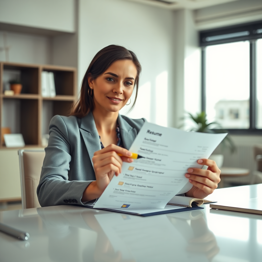 Professional at a desk reviewing a resume